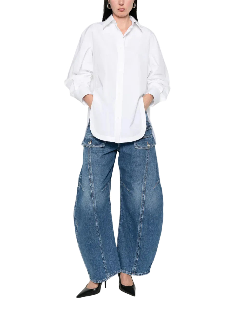 Person wearing a white shirt and blue jeans on a white background