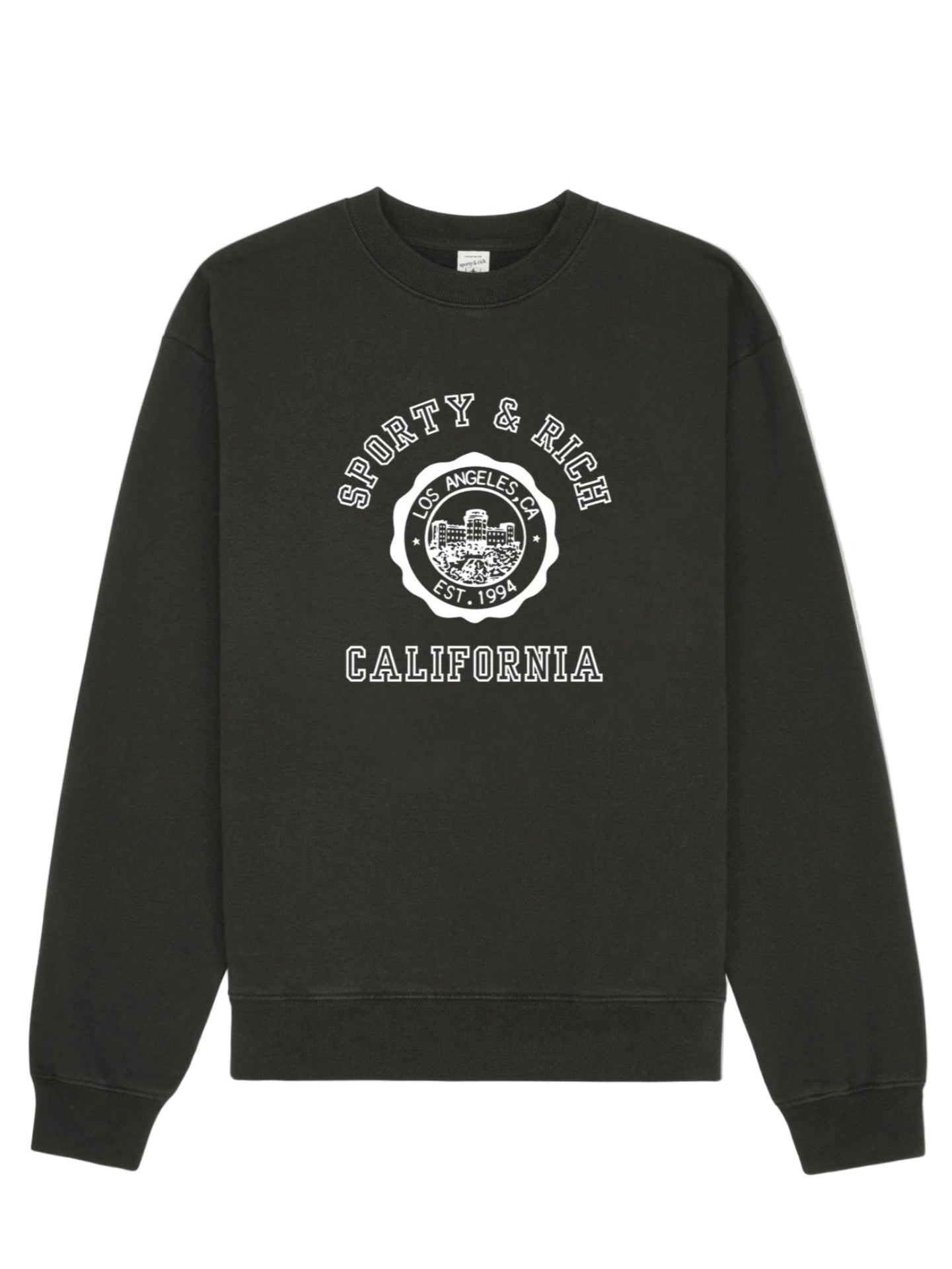 Black sweatshirt with white text and logo on a light gray background