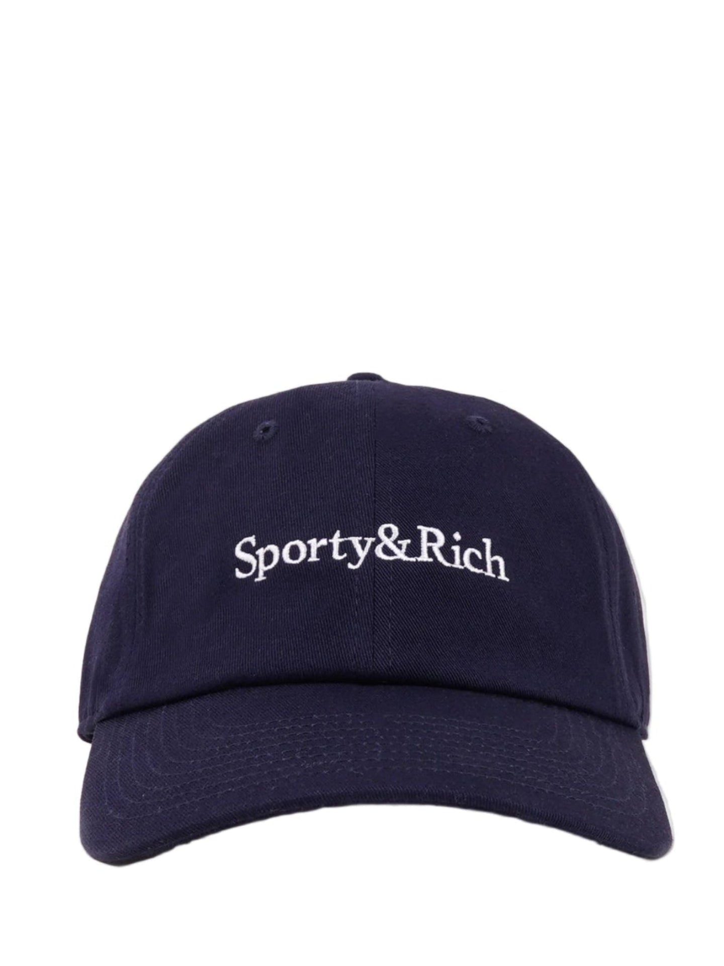 Navy blue cap with 'Sporty&Rich' logo on a light gray background