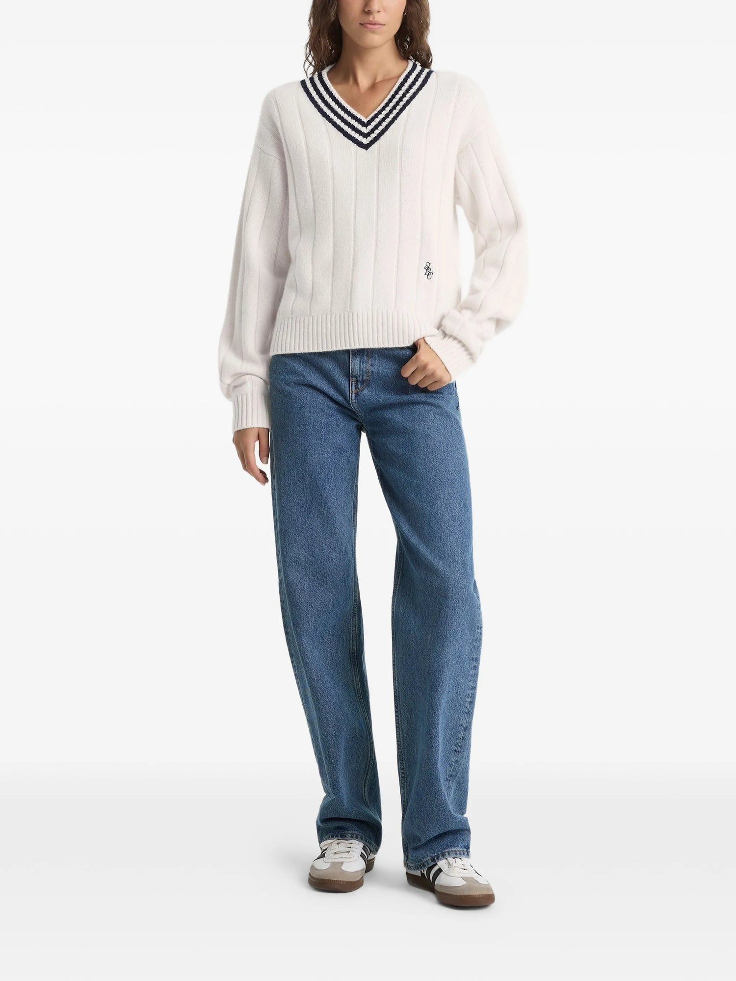 SRC cricket cashmere sweater, ecru-navy