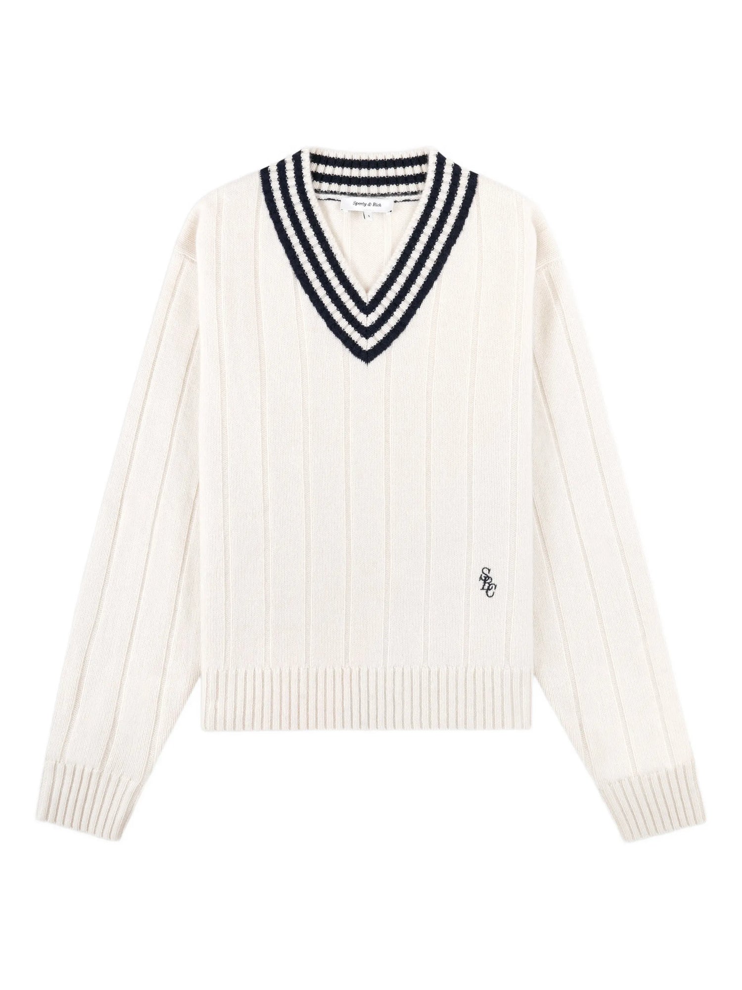 White sweater with a V-neck and black ribbed trim on a white background