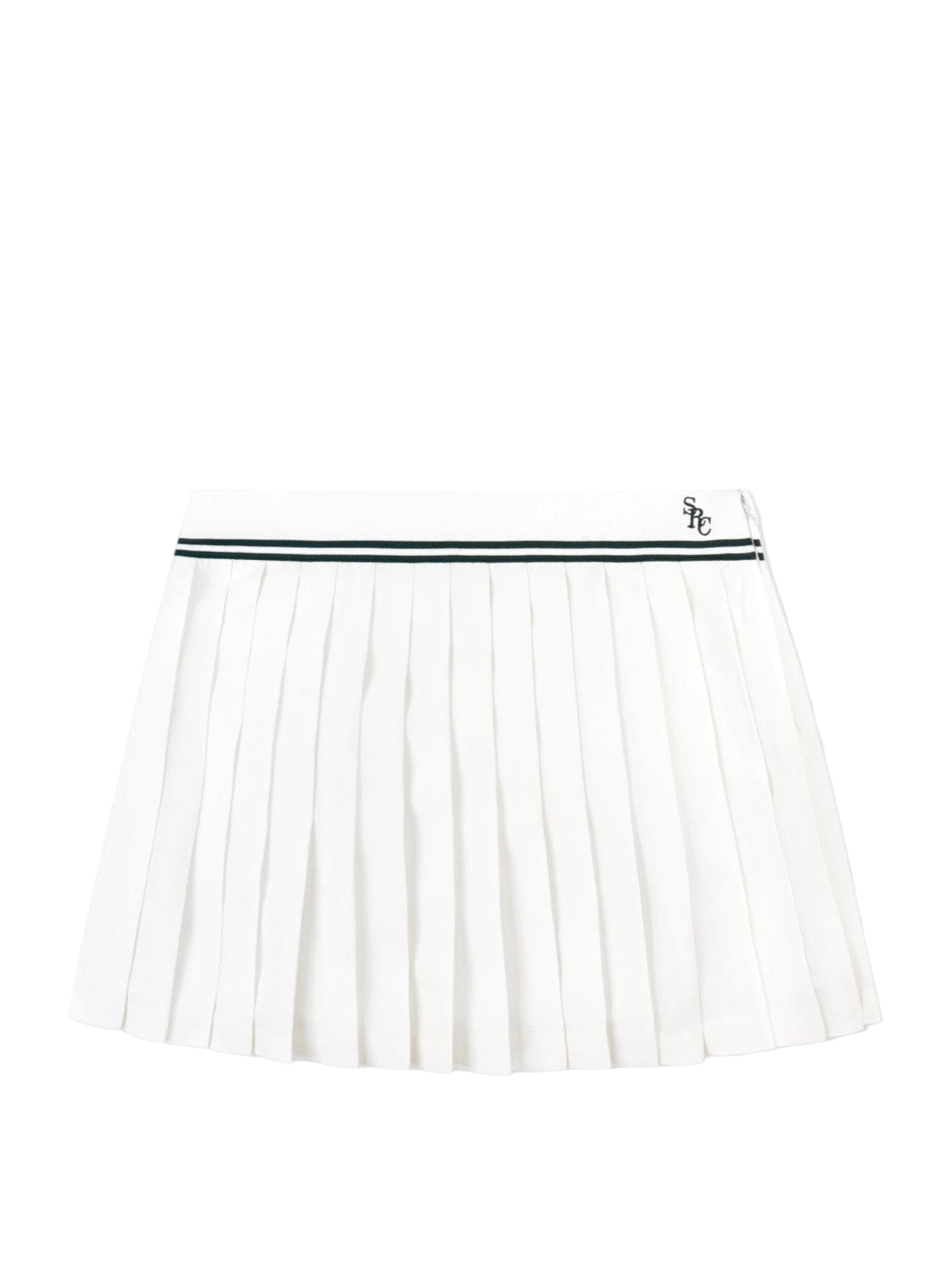 White pleated skirt with a green waistband on a light gray background