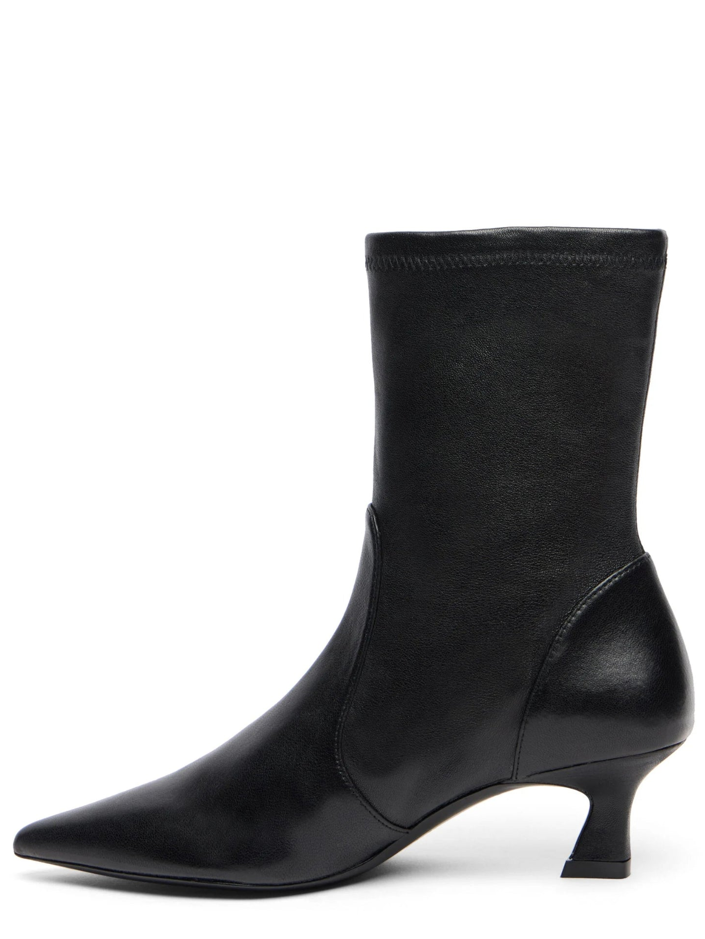 Black leather ankle boot with a slight heel on a white background