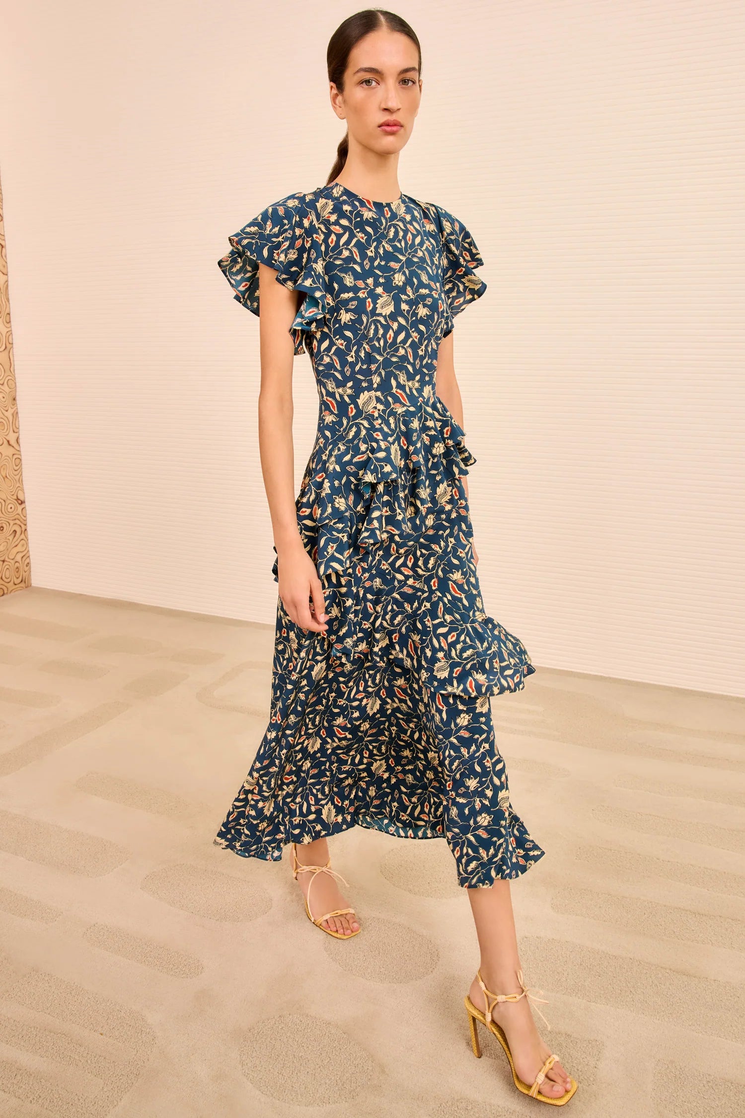 Amaia Cascading ruffle midi dress, navy-floral print