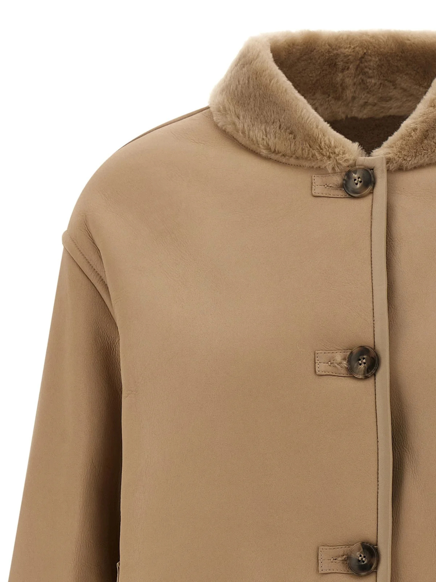 Close-up of a beige coat with a fur-lined collar on a white background