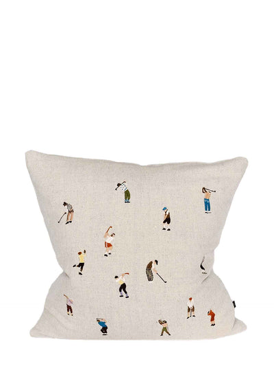 Golfers embroidered square cushion cover, natural (50 x 50 cm)