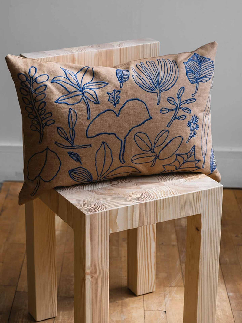 Botanic leaves embroidered cushion cover, brown-blue (40 x 60 cm)