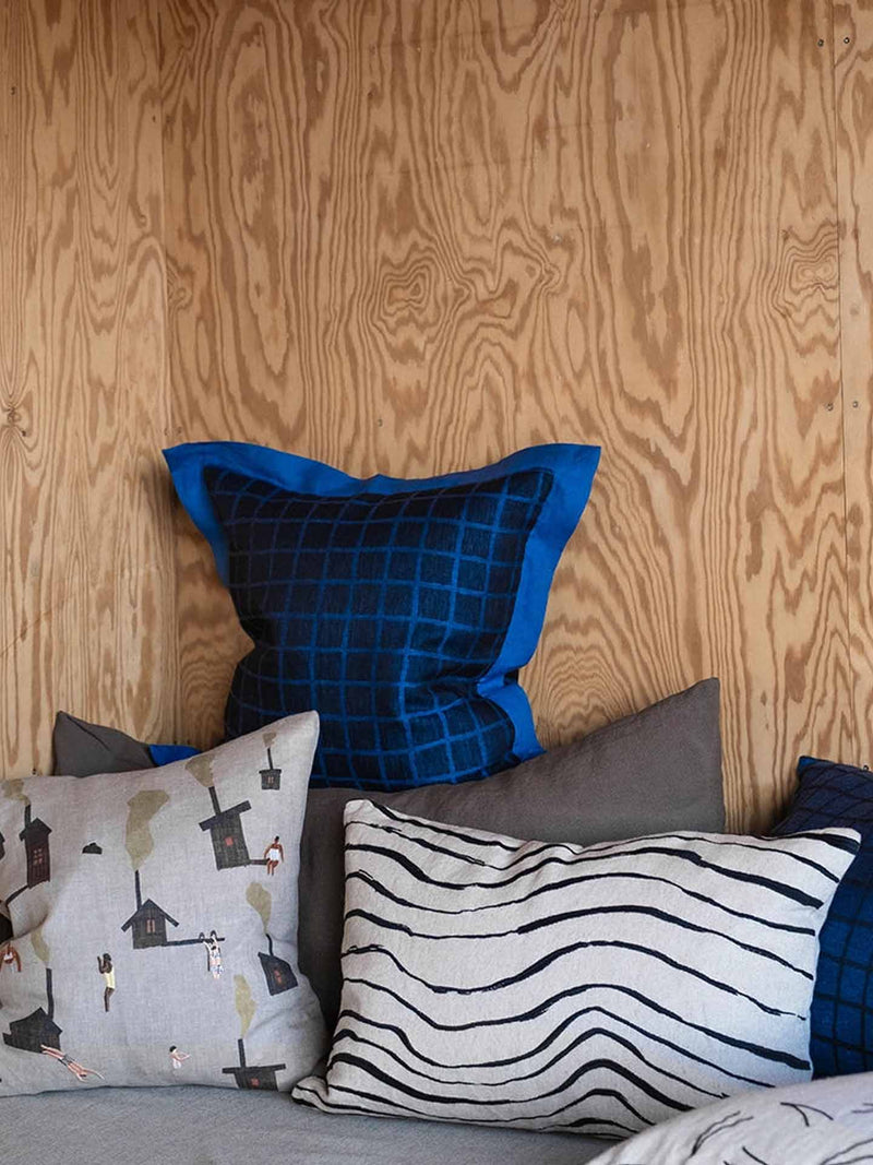 Rutig linen square cushion cover, blue-black (50 x 50 cm)