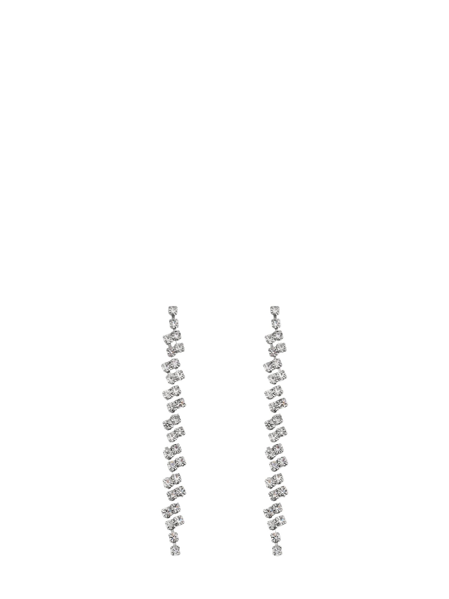 Pair of silver earrings with clear stones on a white background