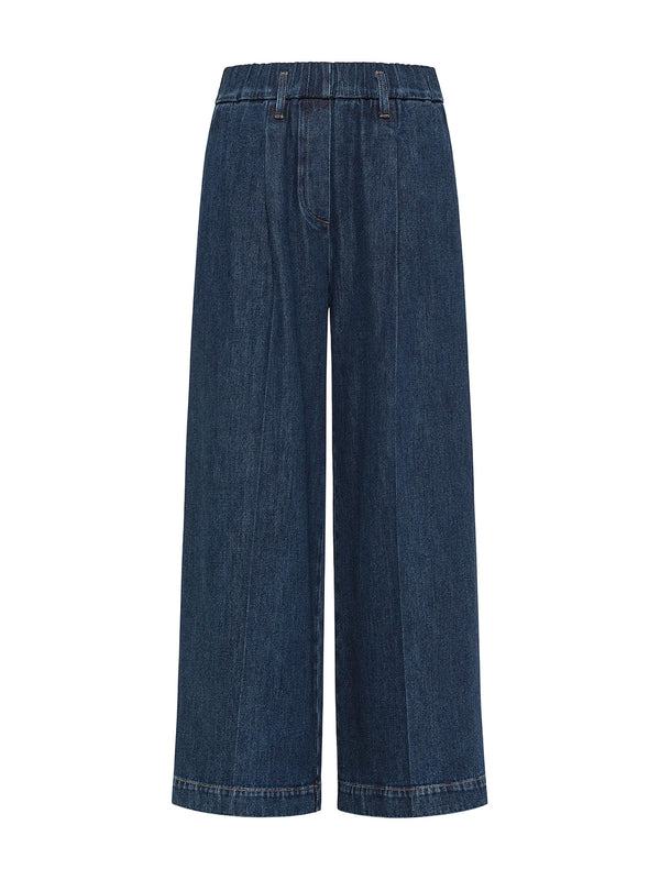 Cavalry denim elastic loose pants, indigo blue