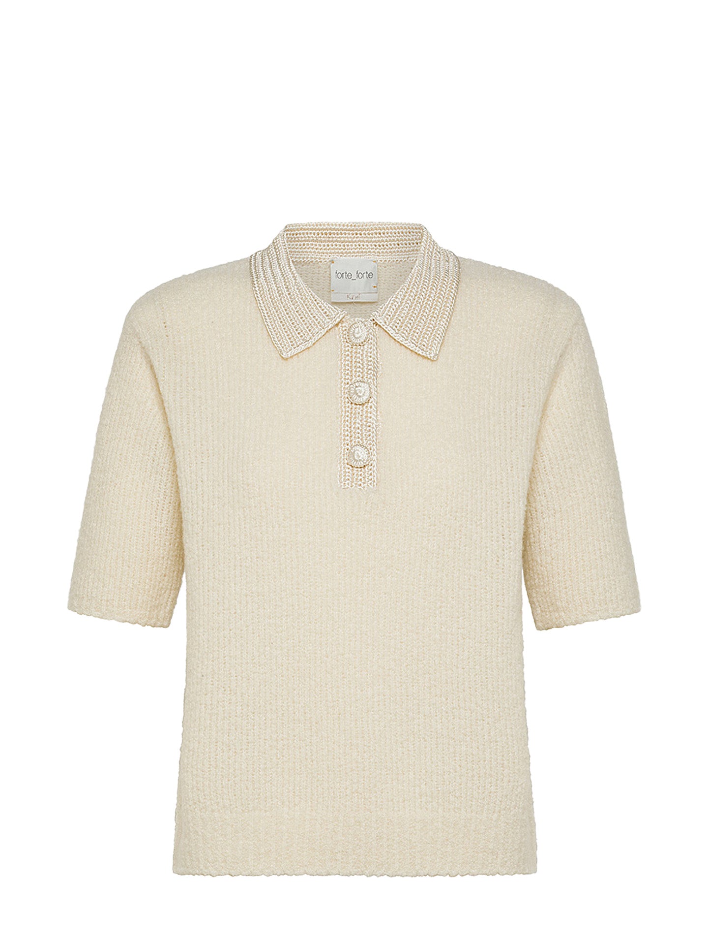 Cashmere boucle polo knit with crochet neck, cream