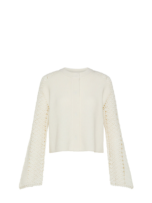 Merino cardigan crochet sleeves, white stone