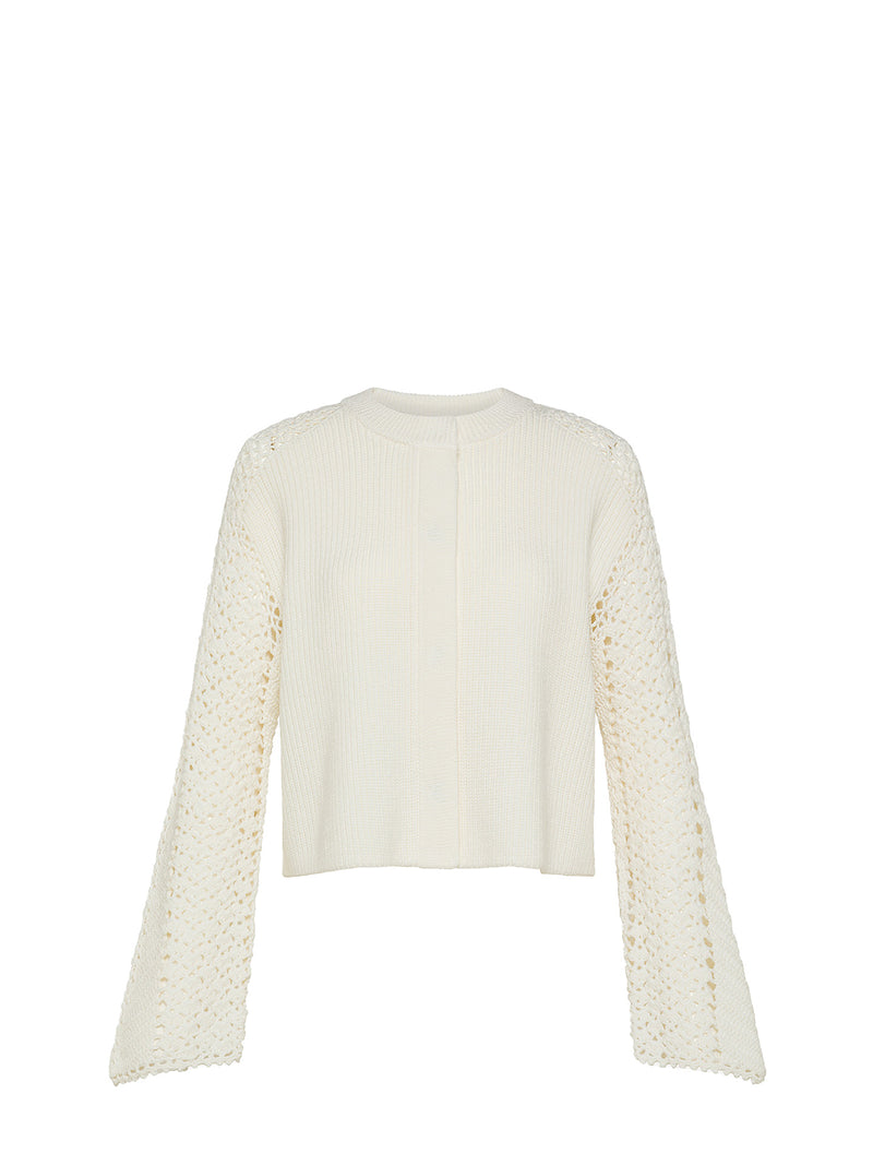 Merino cardigan crochet sleeves, white stone