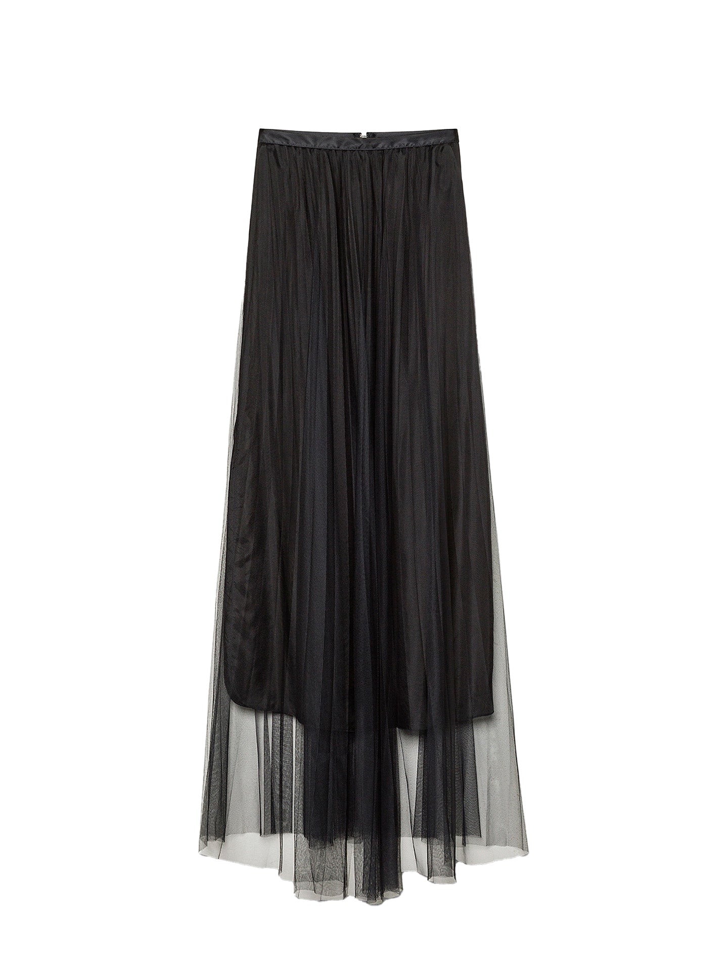 Tulle plissé long skirt with underskirt, black