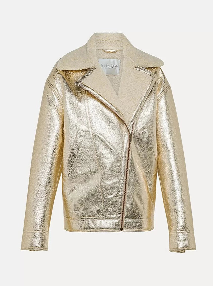 Eco fur and laminated leather biker's jacket, stardust