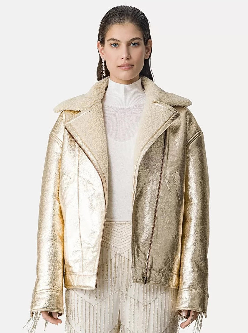Eco fur and laminated leather biker's jacket, stardust