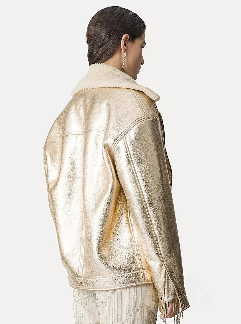 Eco fur and laminated leather biker's jacket, stardust