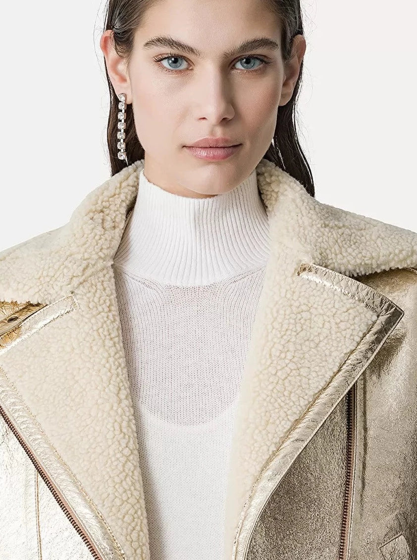 Eco fur and laminated leather biker's jacket, stardust