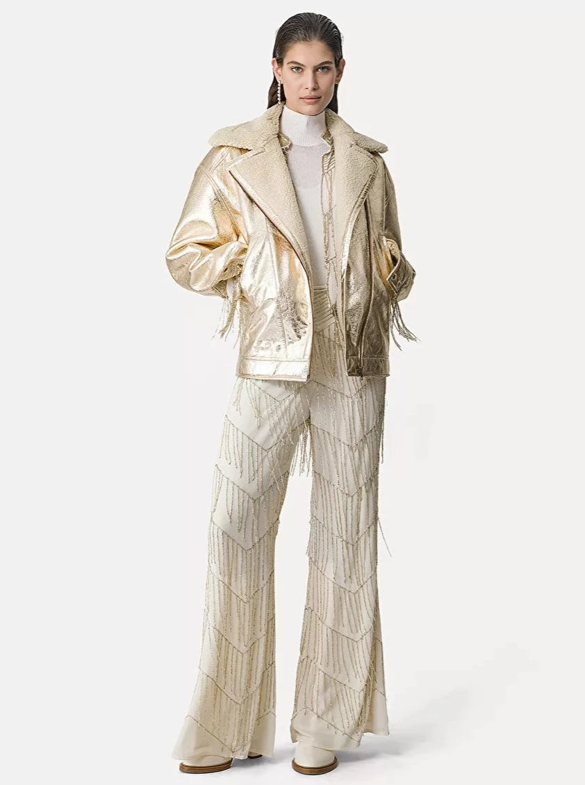 Eco fur and laminated leather biker's jacket, stardust