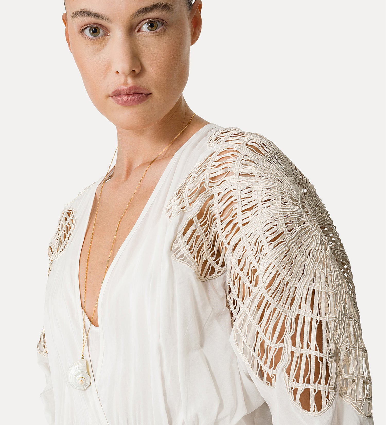 Botanical flower embroidery silk-cotton voile dress, white