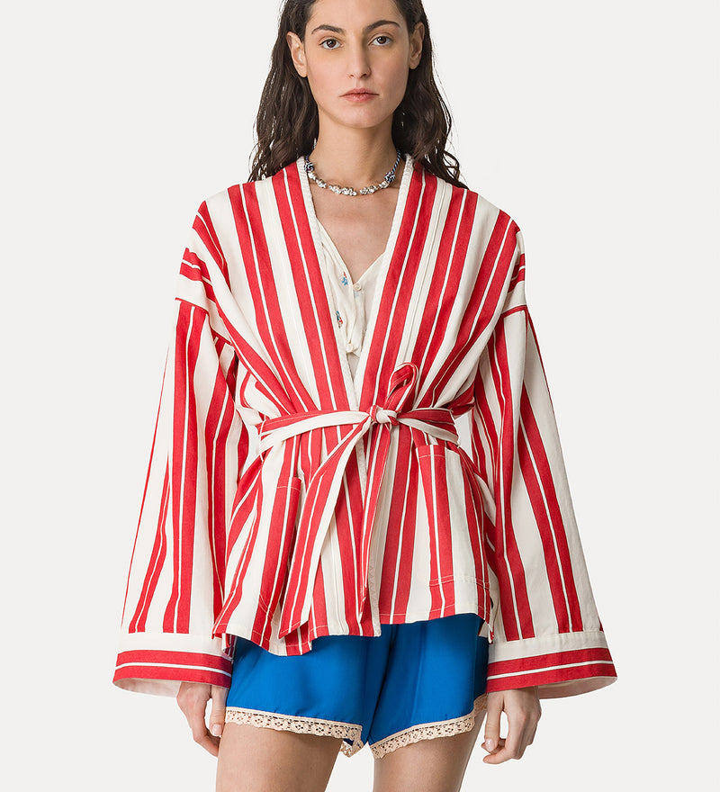 Chic striped cotton linen coat with embroidery, red-white
