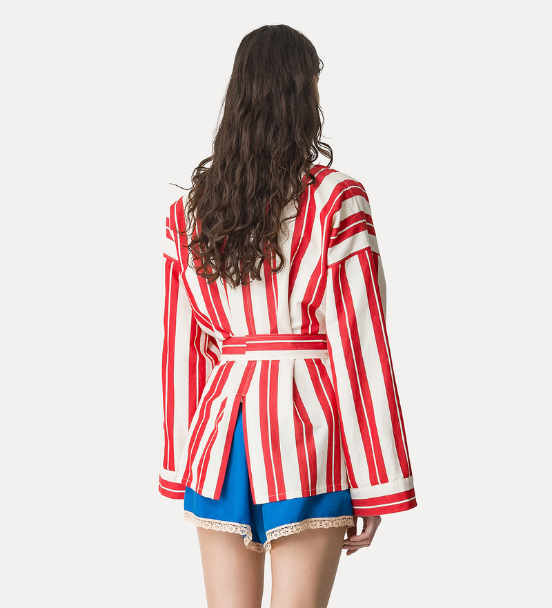 Chic striped cotton linen coat with embroidery, red-white