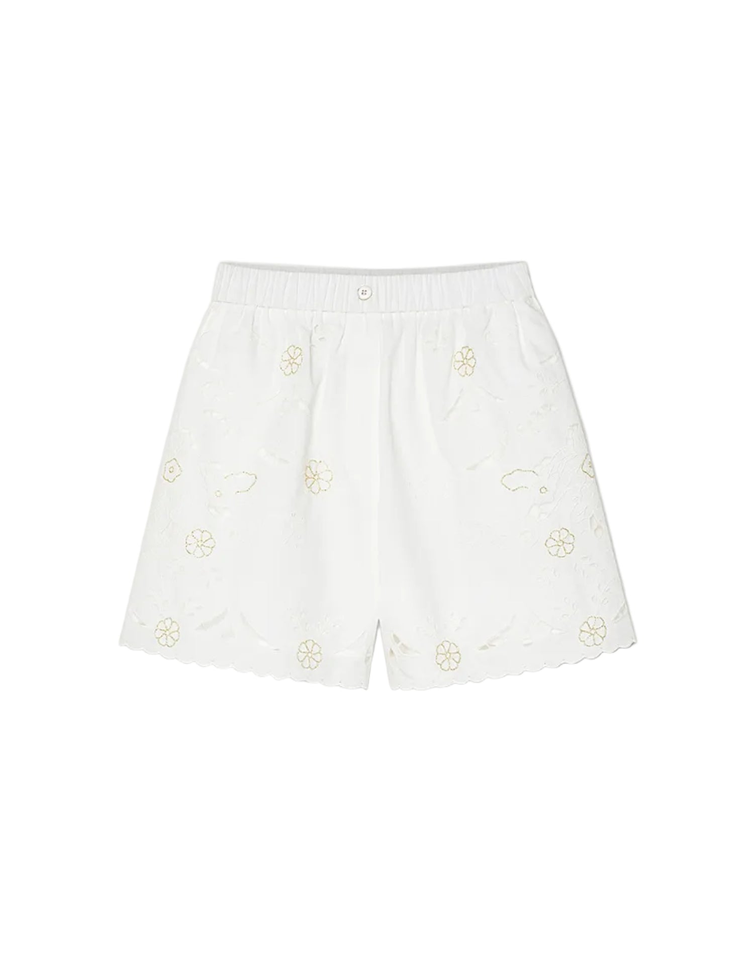 White shorts with floral embroidery on a white background