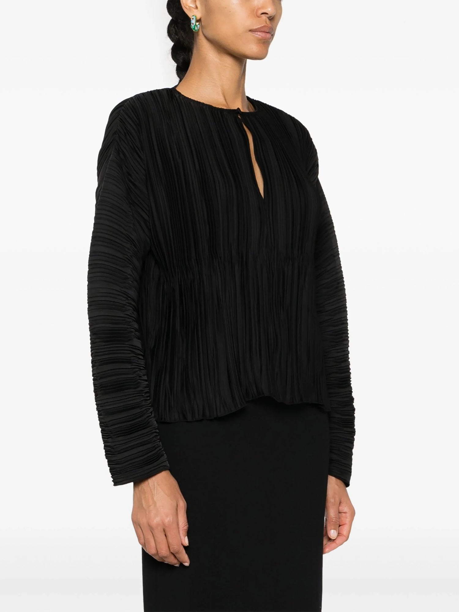 Pliss' poly crepe long sleeves shirt, black