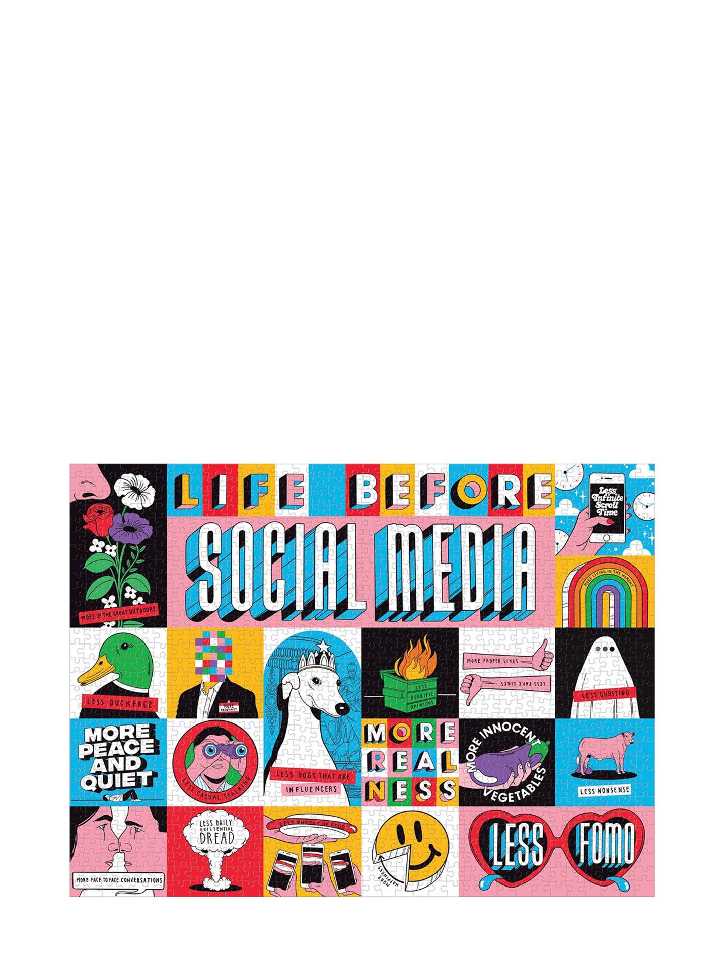 Puzzle with colorful illustrations and text about life before social media on a white background