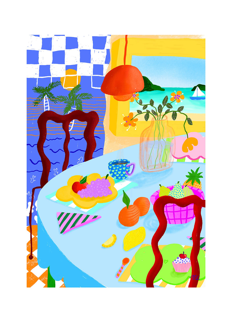 Colorful illustration of a dining table with chairs, tablecloth, and various items.