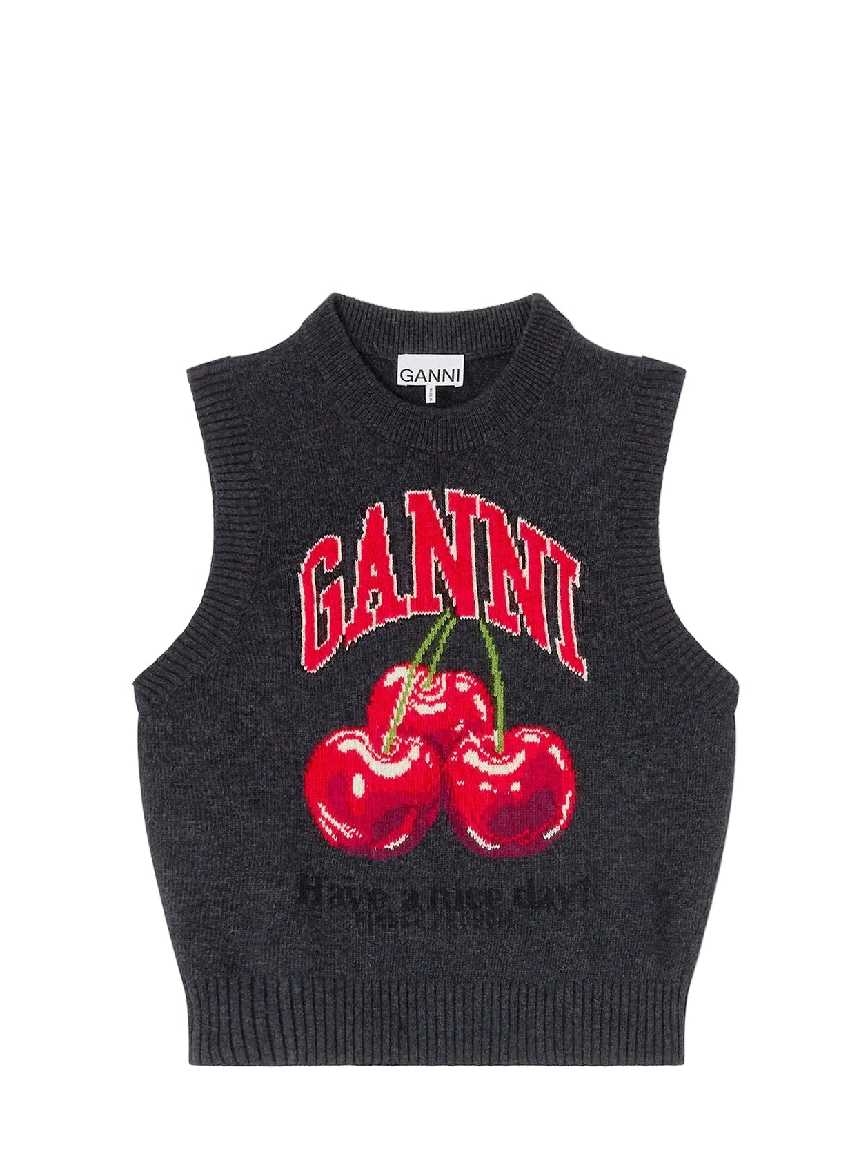 Black sleeveless sweater vest with red cherries and 'Ganni' branding on a white background