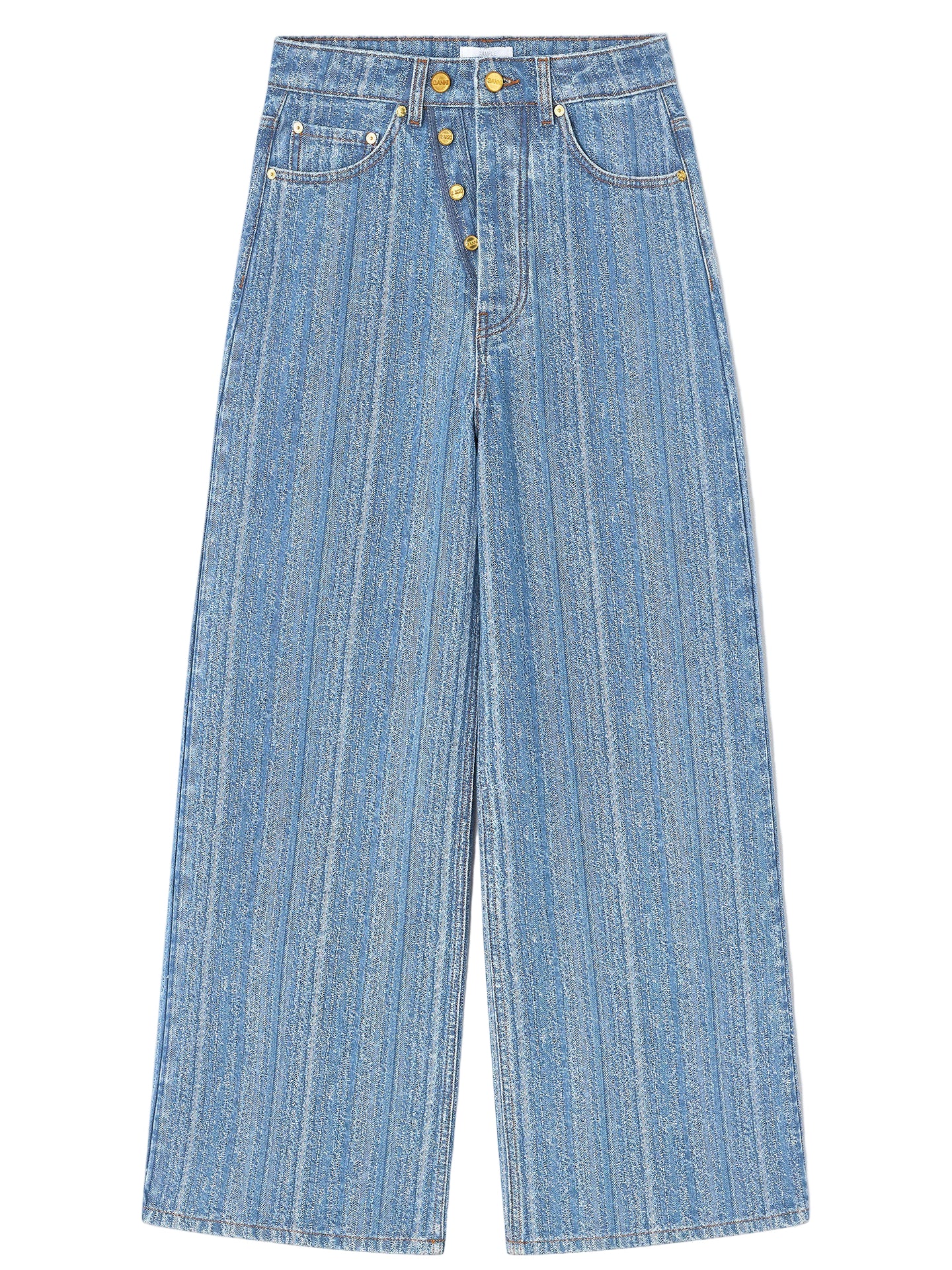 Blue jeans with a button fly on a white background