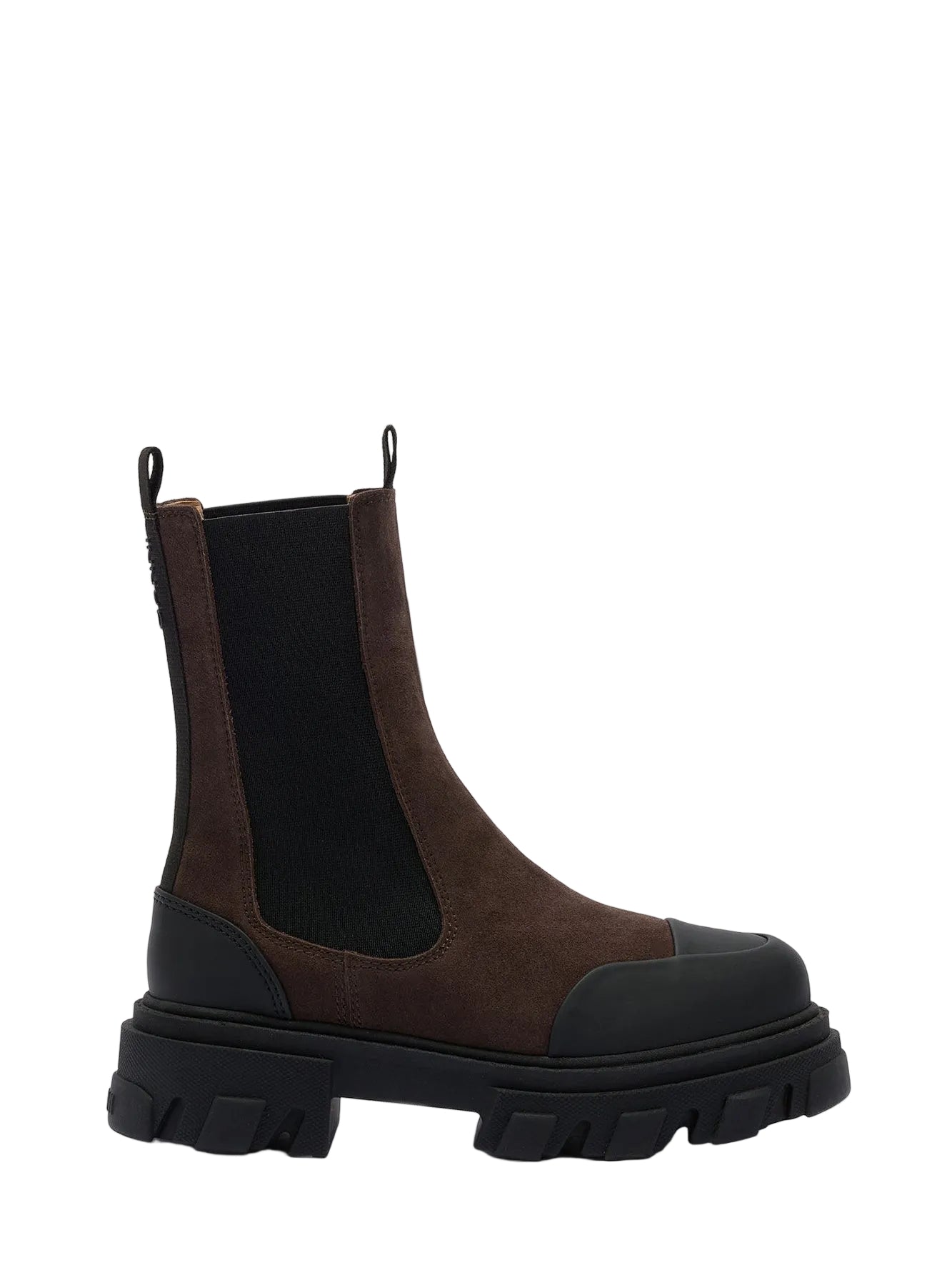 Brown and black Chelsea boot on a white background