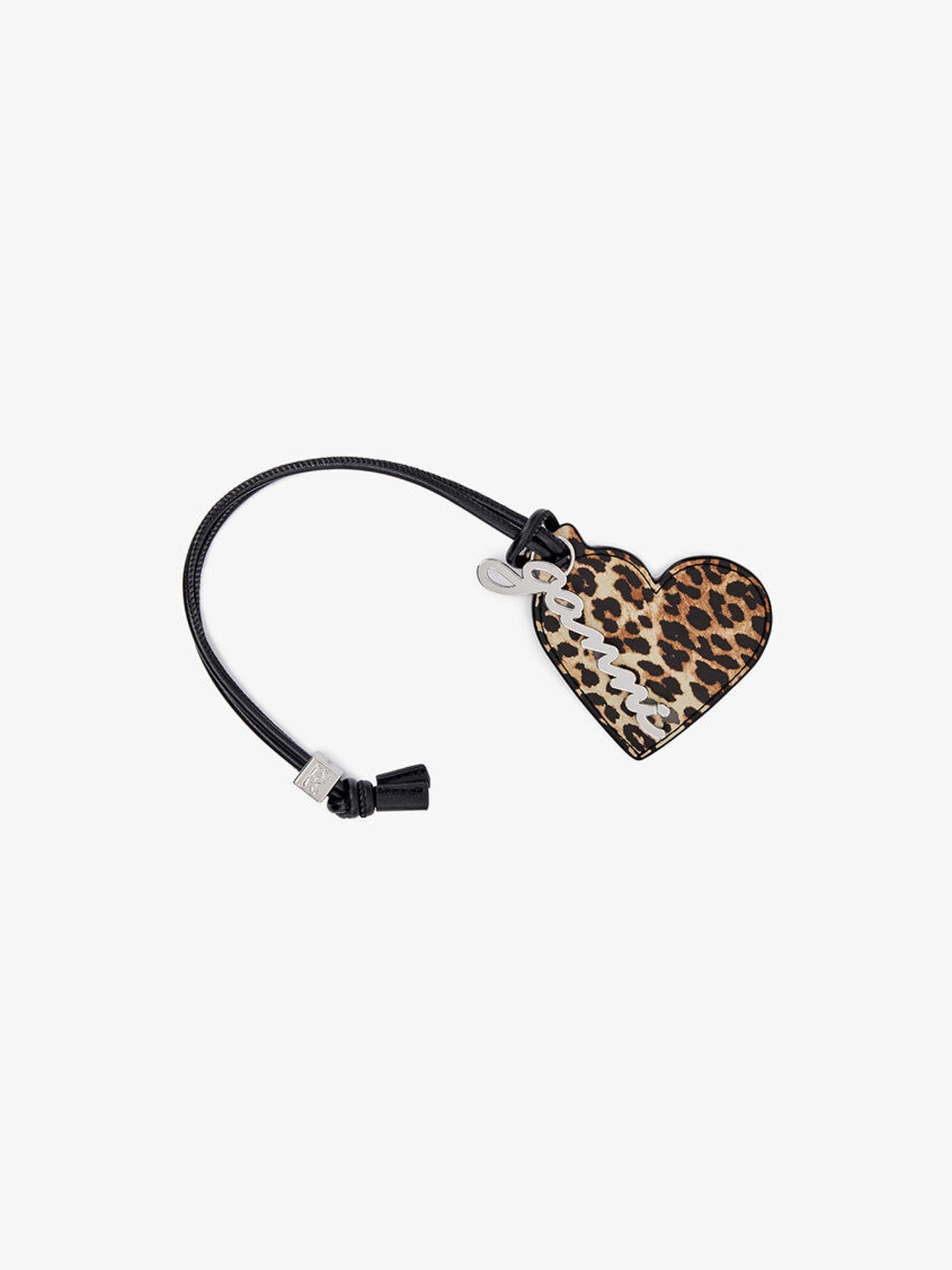Heart-shaped leopard print phone strap on a white background
