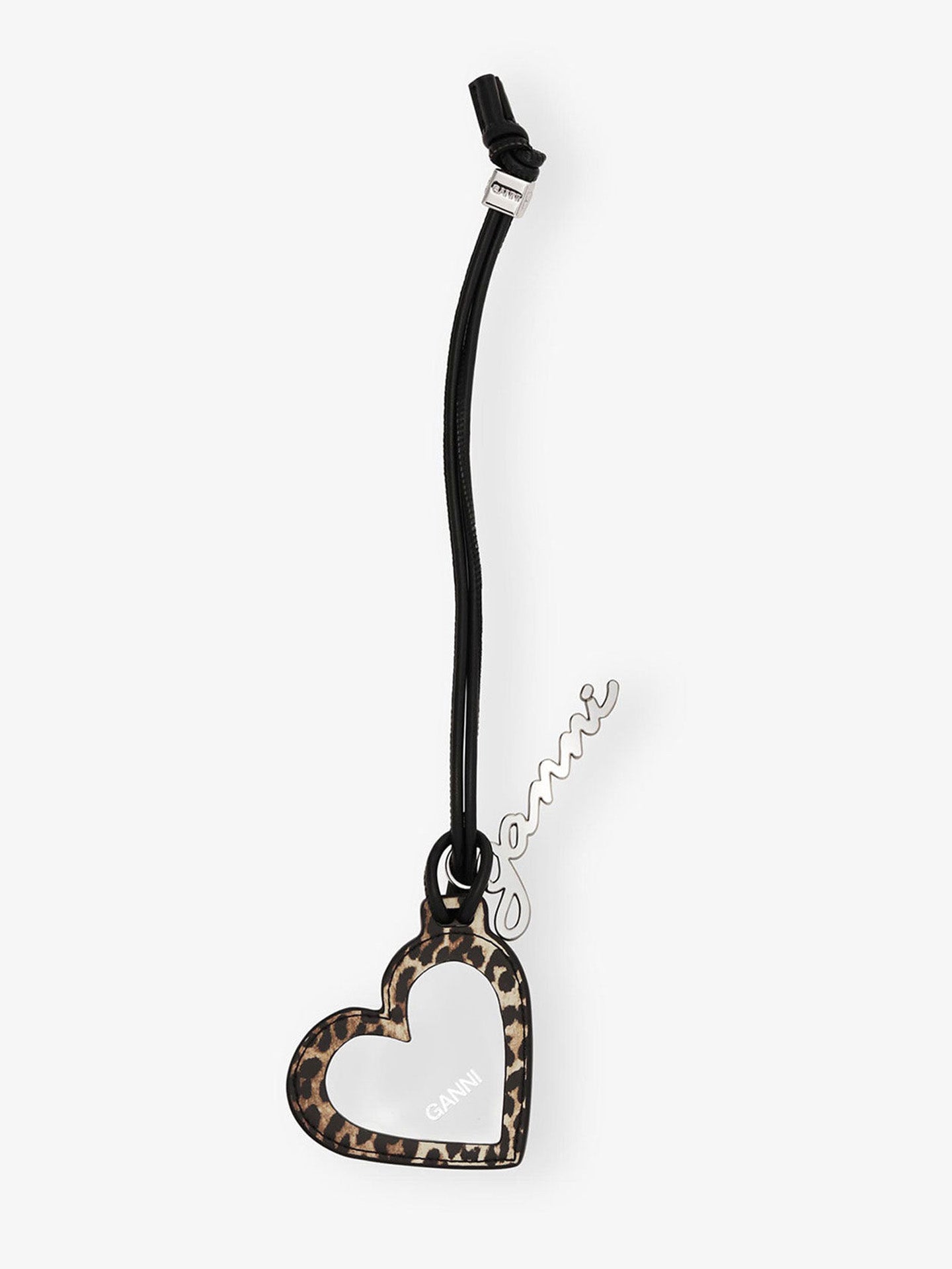 Heart-shaped phone strap with leopard print details on a white background
