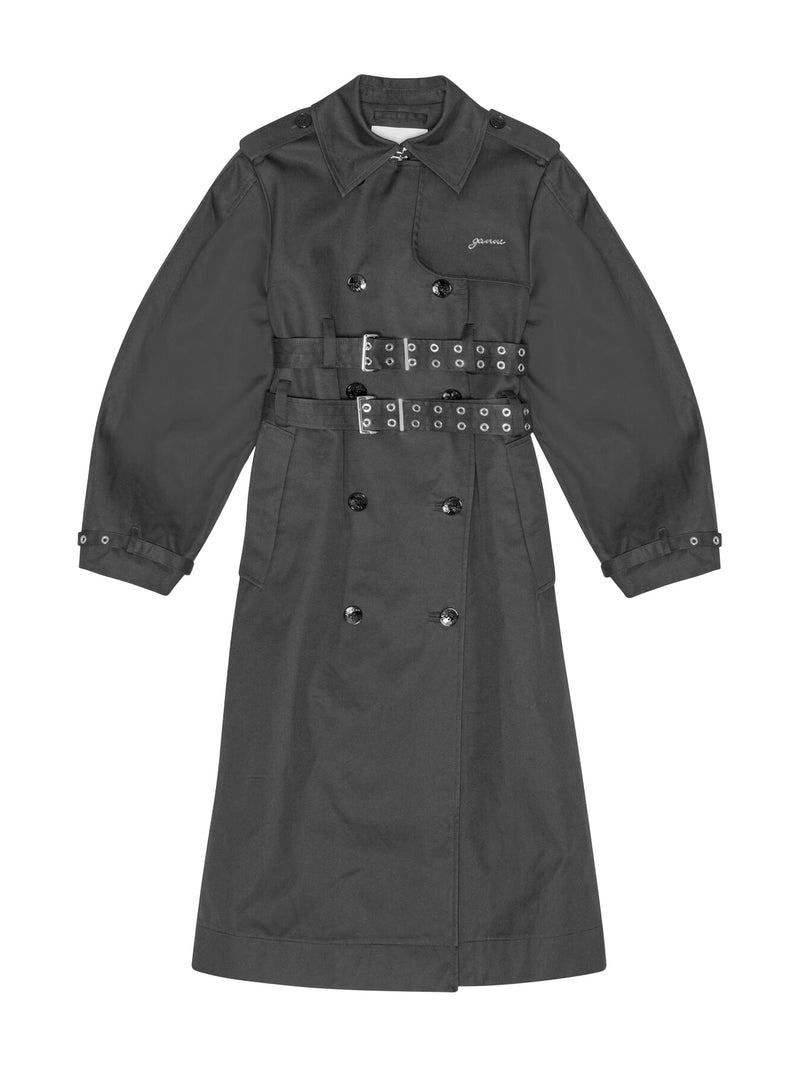 Black trench coat with belt on a white background