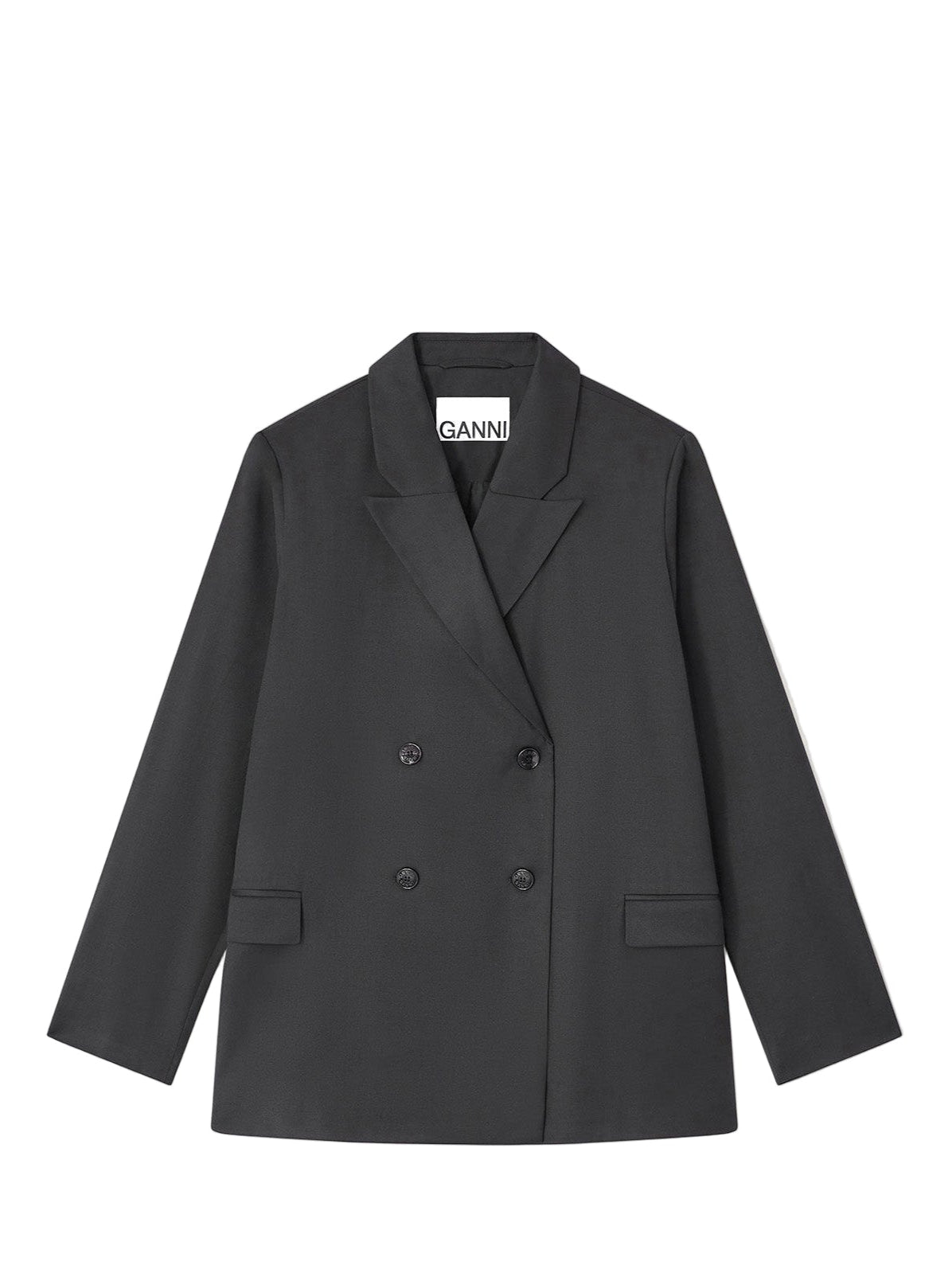 Black blazer with 'Ganni' branding on a white background