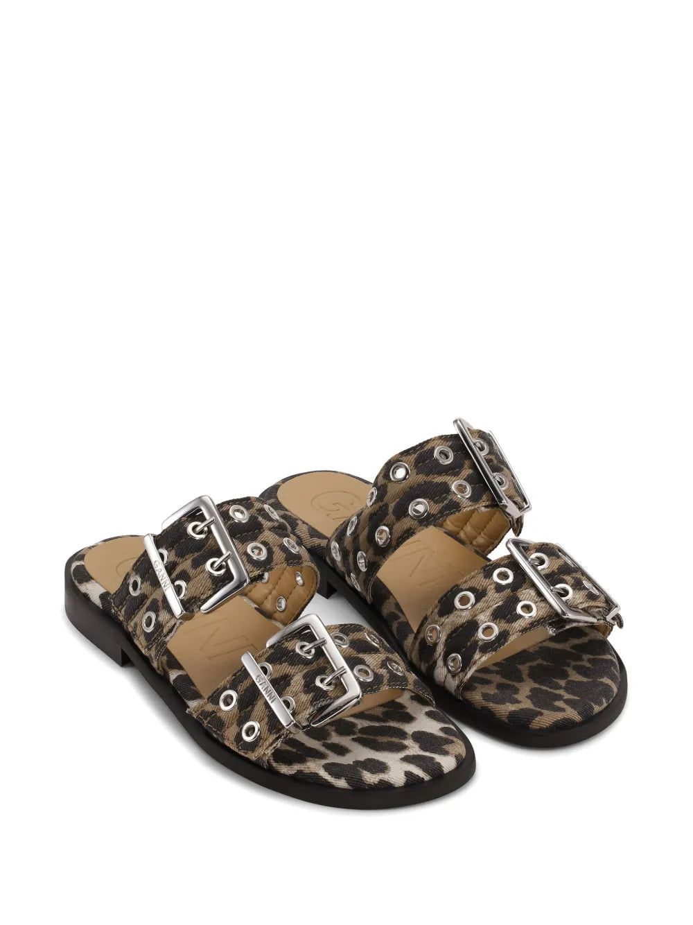 Feminine Buckle Two Strap Sandal Denim Print, leopard