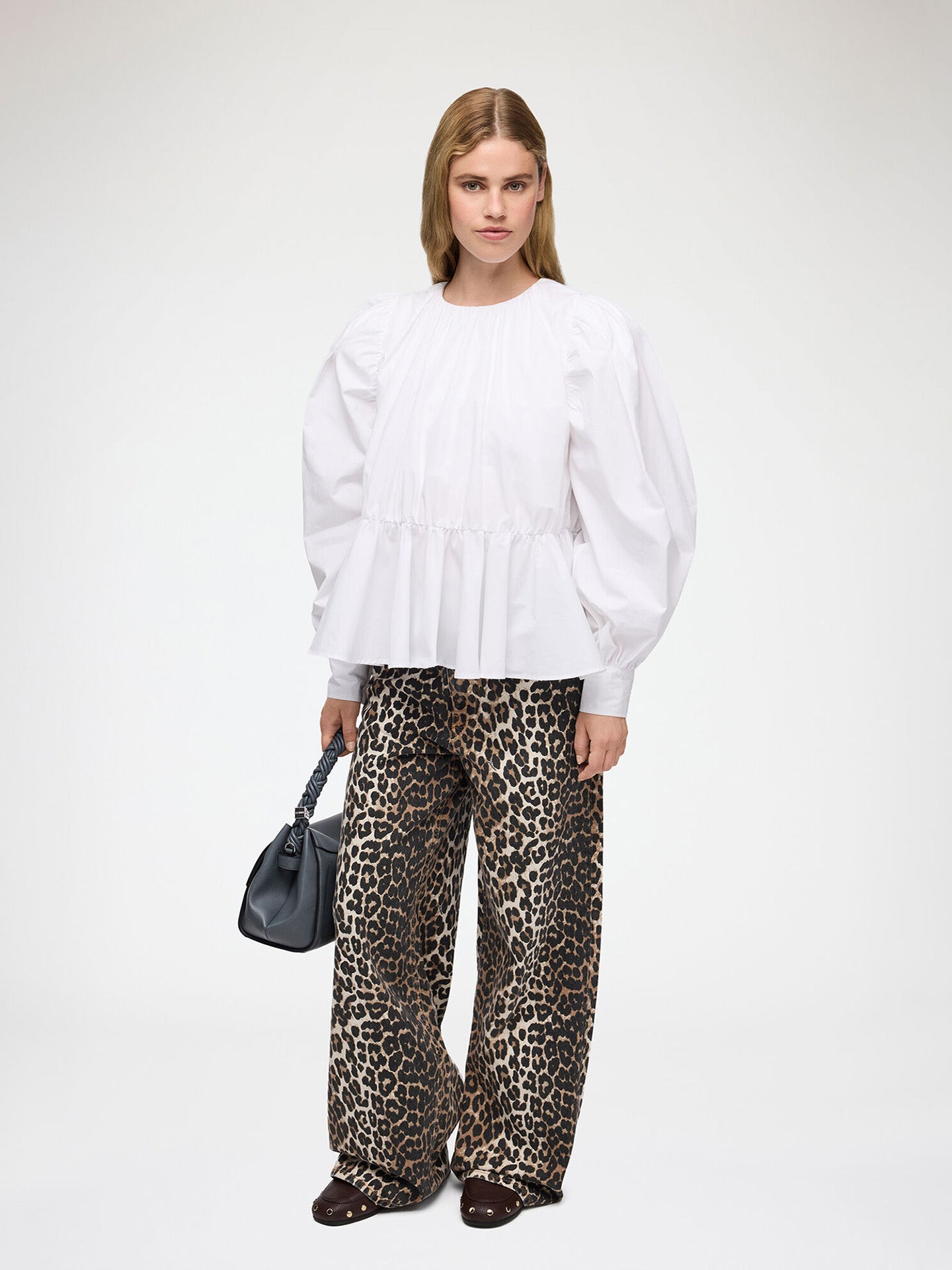 Gathered compact poplin peplum blouse, bright white