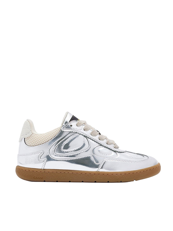 White and silver sneaker with brown sole on a white background