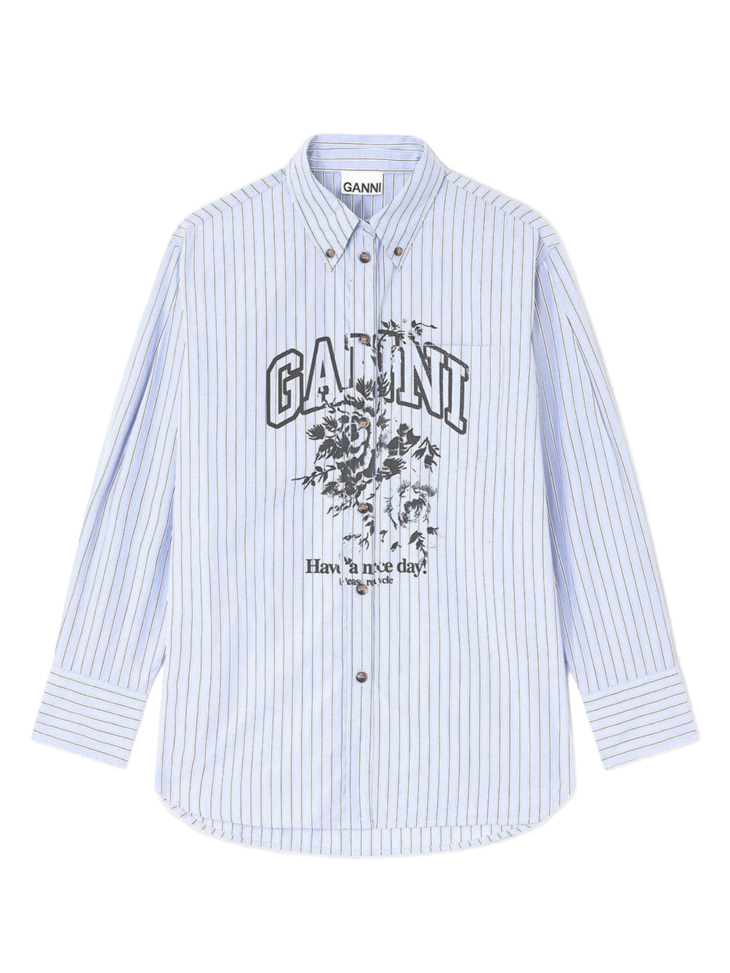 Light blue striped shirt with a brand logo on a white background