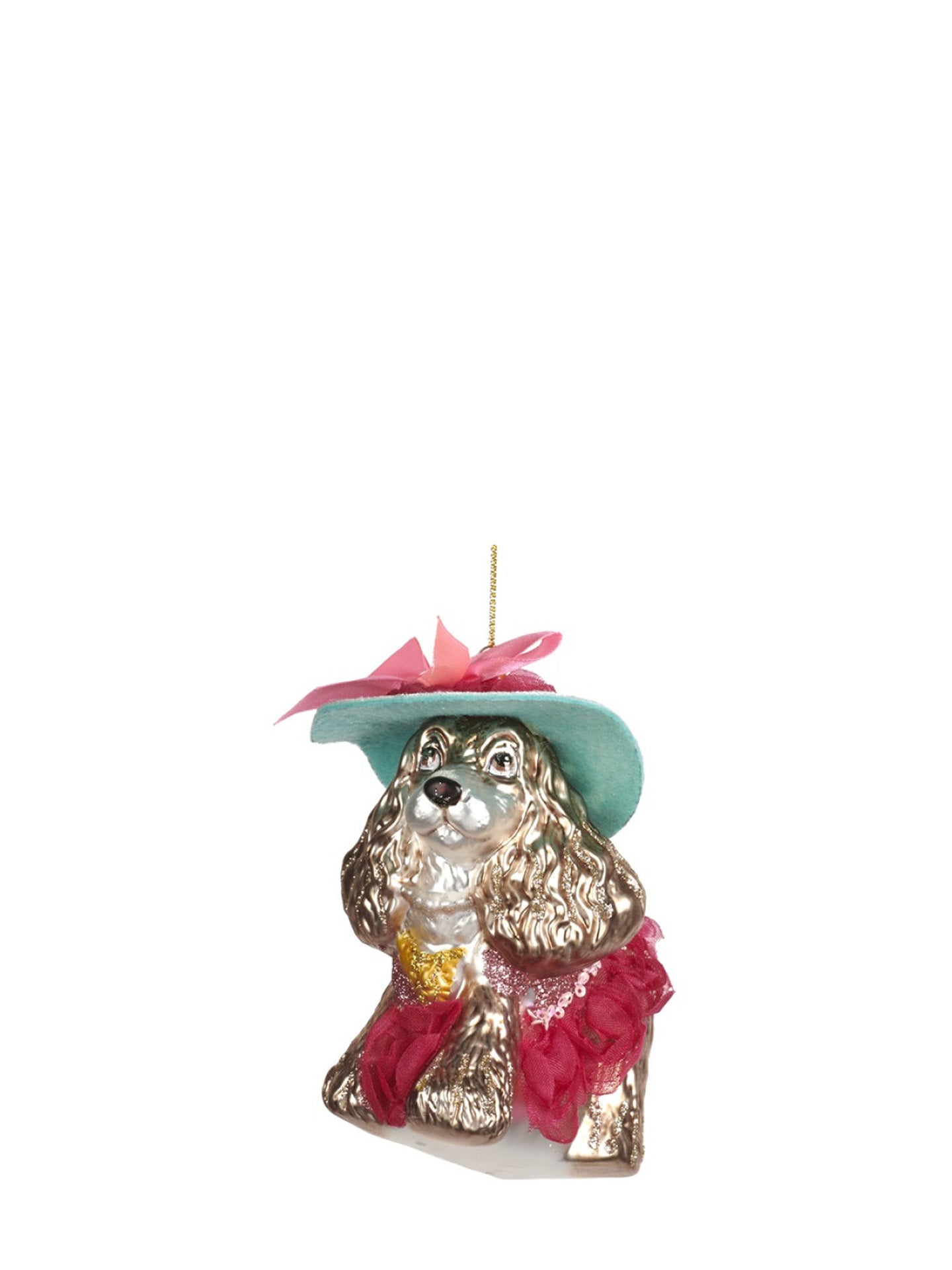Decorative dog ornament with a hat and bow on a white background