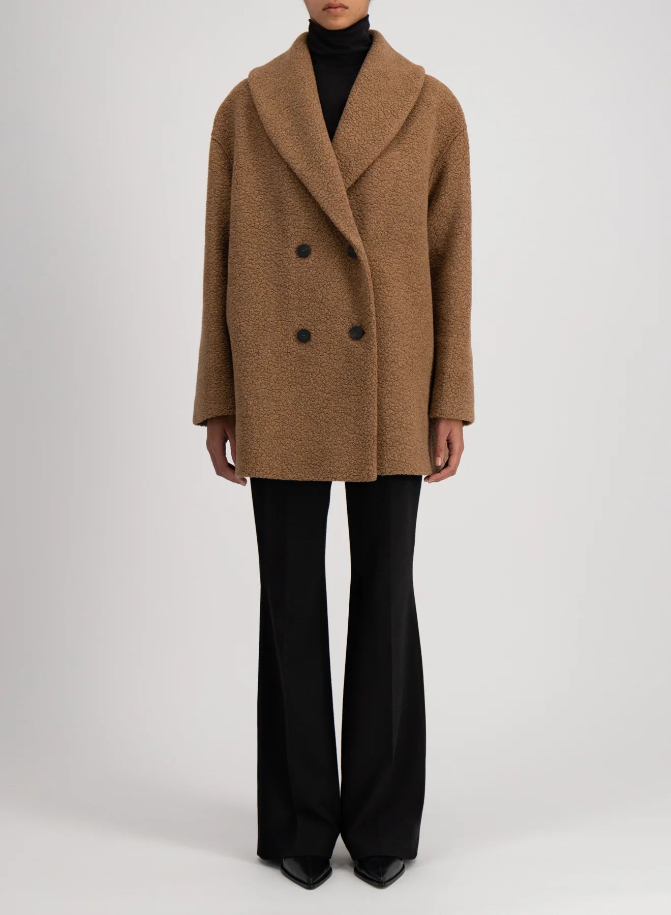 Shawl collar bouclé coat, brown