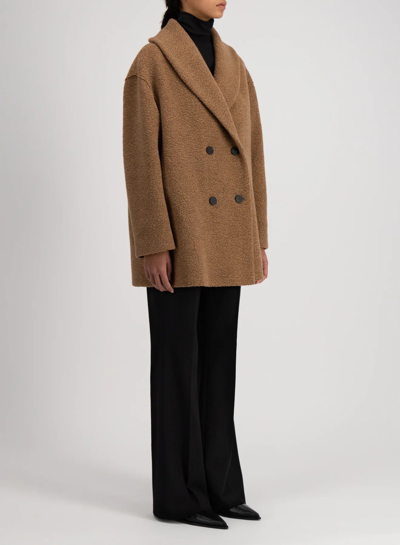 Shawl collar bouclé coat, brown