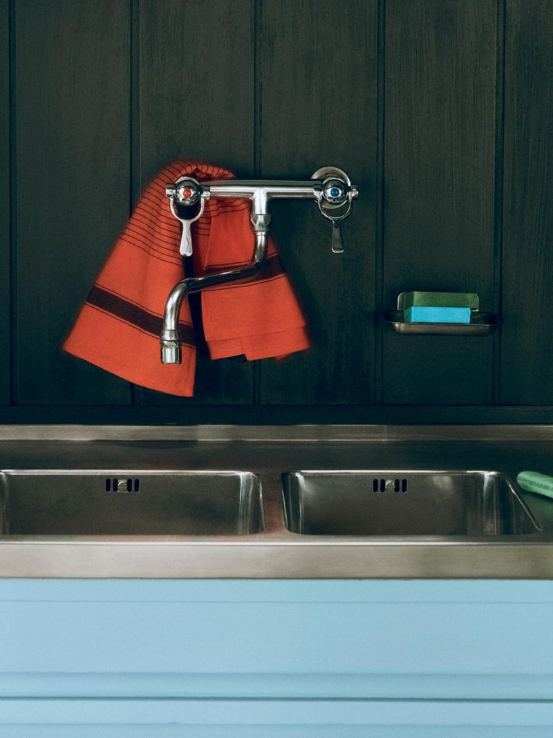 Kitchen sink with red towel, faucet, and soap dish against a dark green wall.