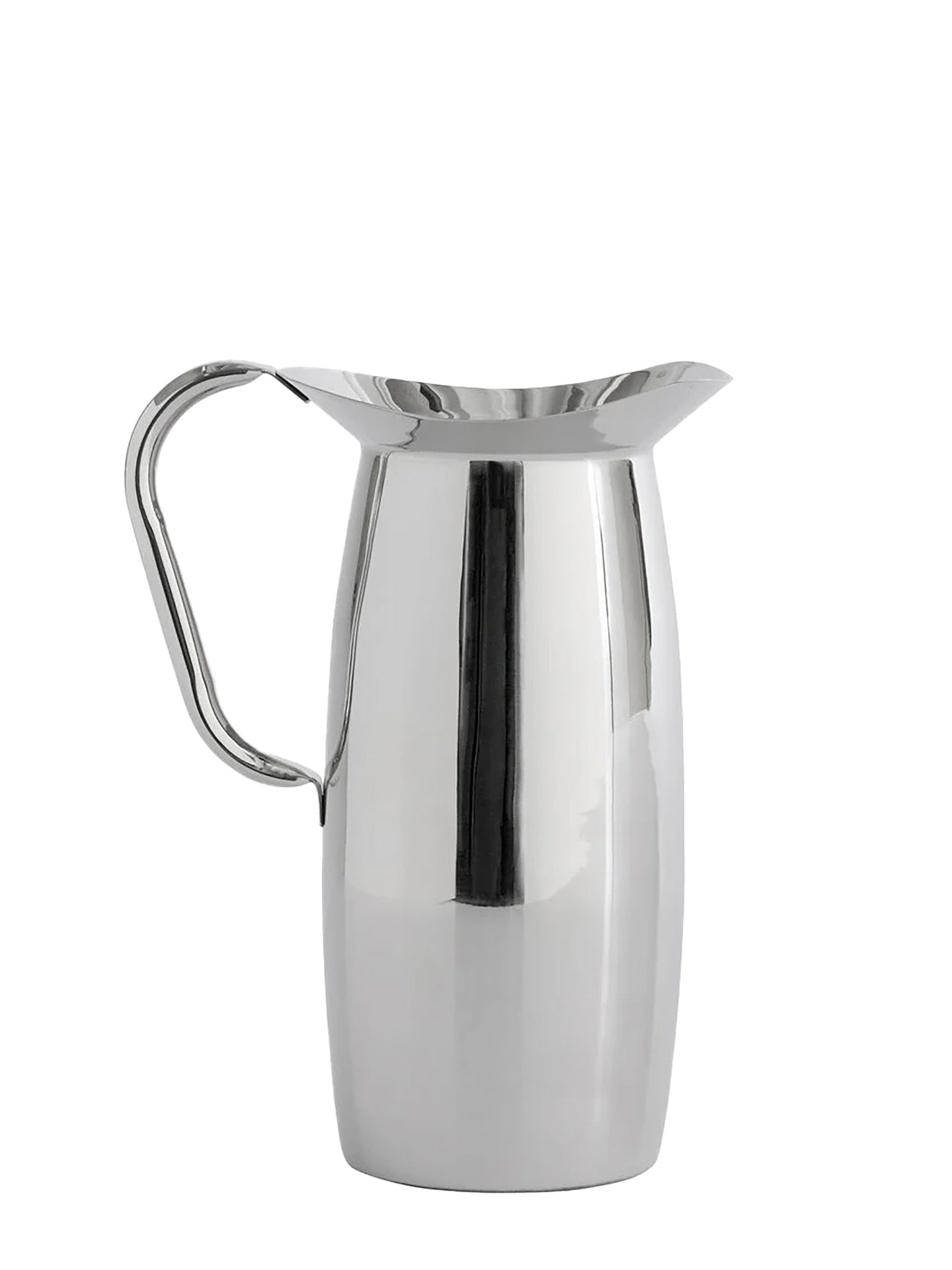 Stainless steel pitcher is shiny and sleek, tall and stylish