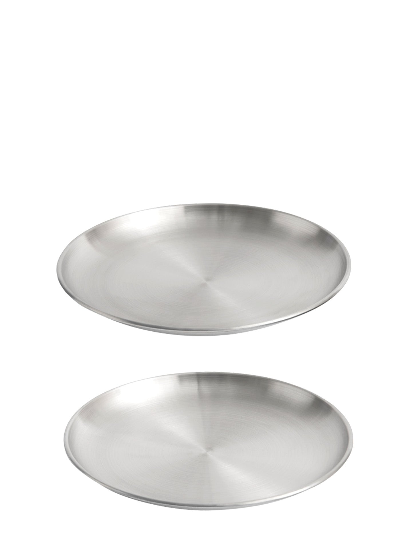 Two round brushed stainless steel plates with very slim design and low rim shown on a plain white background.