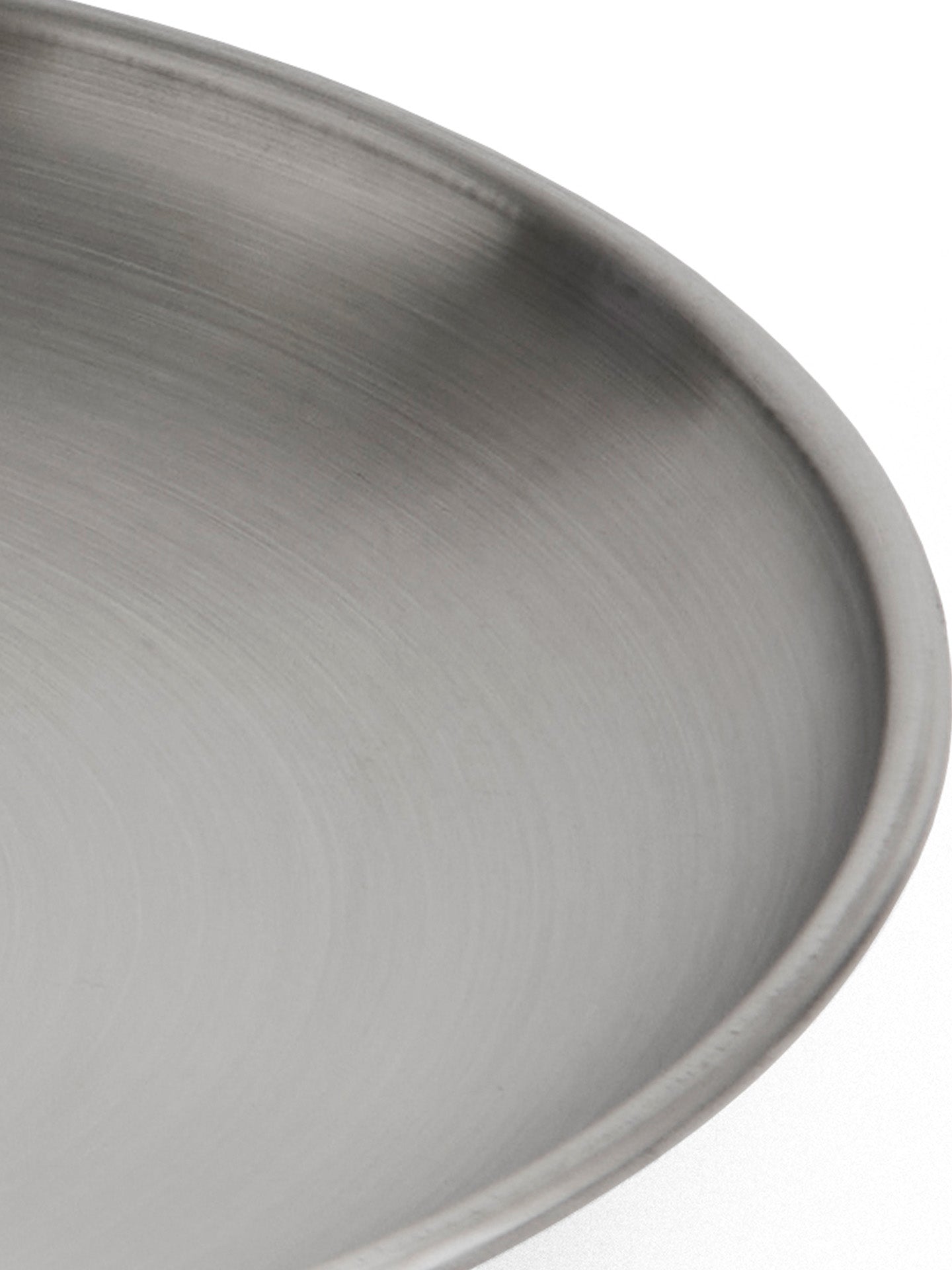 Close-up of a slim brushed stainless steel plate rim against a white background.