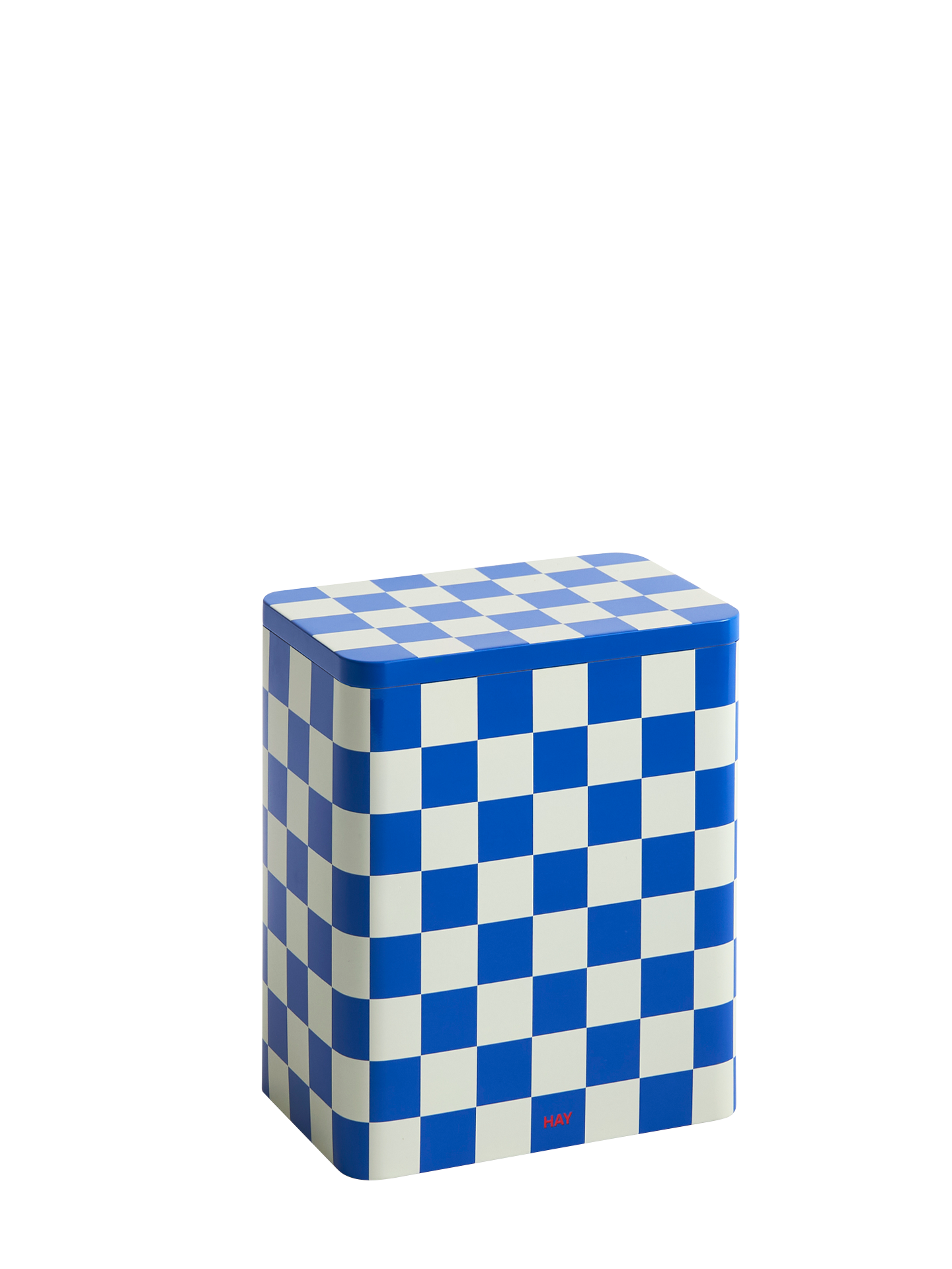 A large metal tin container with a checkered pattern in blue and off-white colors, with a seamless lid fit suitable for dry food storage.