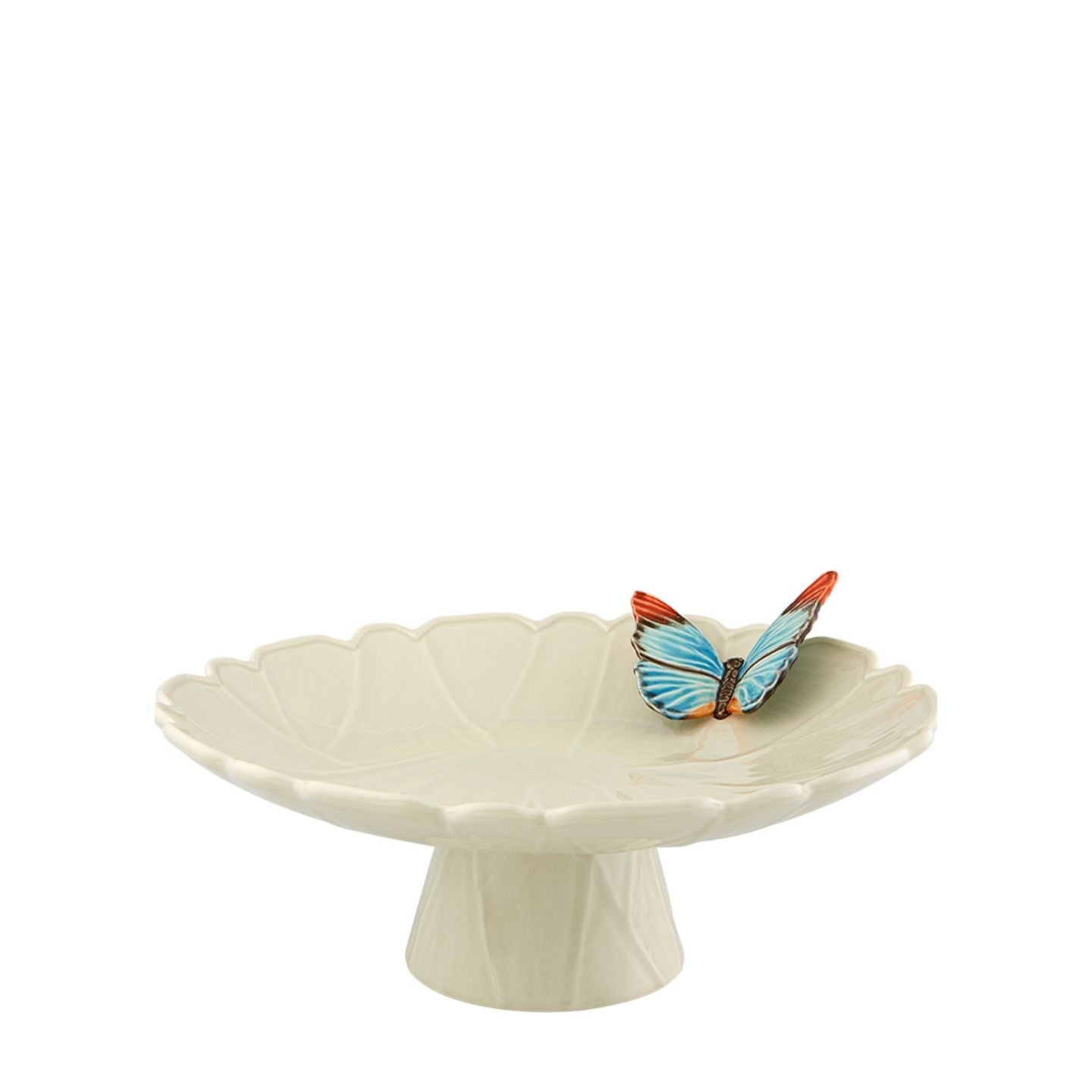 Decorative ceramic cake stand with a blue butterfly by Bordallo Pinheiro on a white background